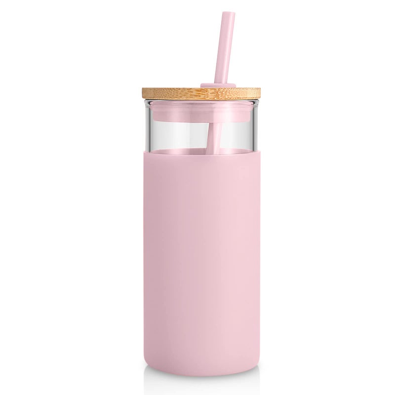 Tronco 20 oz Glass Tumbler with Lid and Straw, Iced Coffee Cup and Smoothie Cup with Bamboo Lids & Protective Silicone Sleeve, Dishwasher Safe, BPA-Free, Pink 1 Pack - Image 1